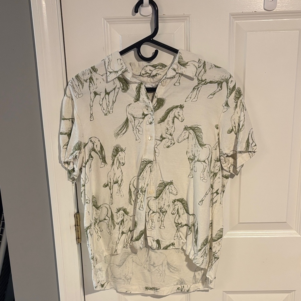 Cream Horse Print Short Sleeve Button-Up Shirt